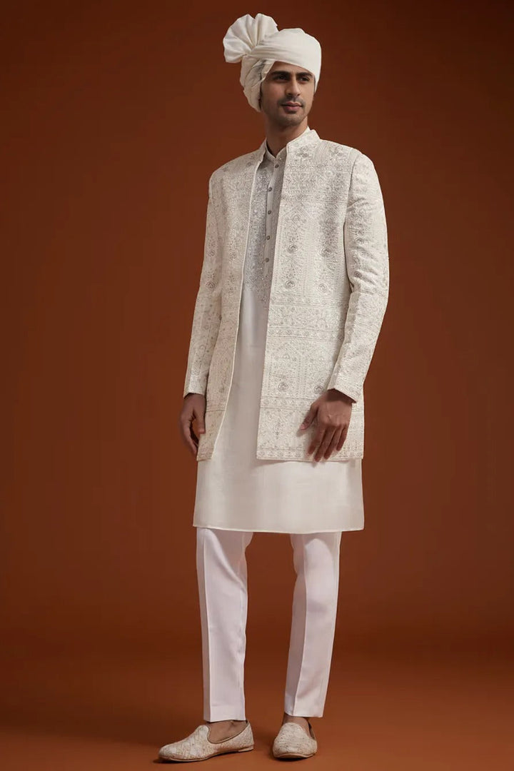 Ivory Open Jacket Sherwani with Resham Embroidery