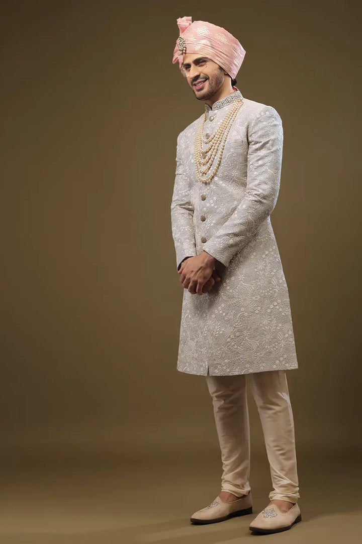 Baby Blue Silk Sherwani with Zari and Sequin Embroidery