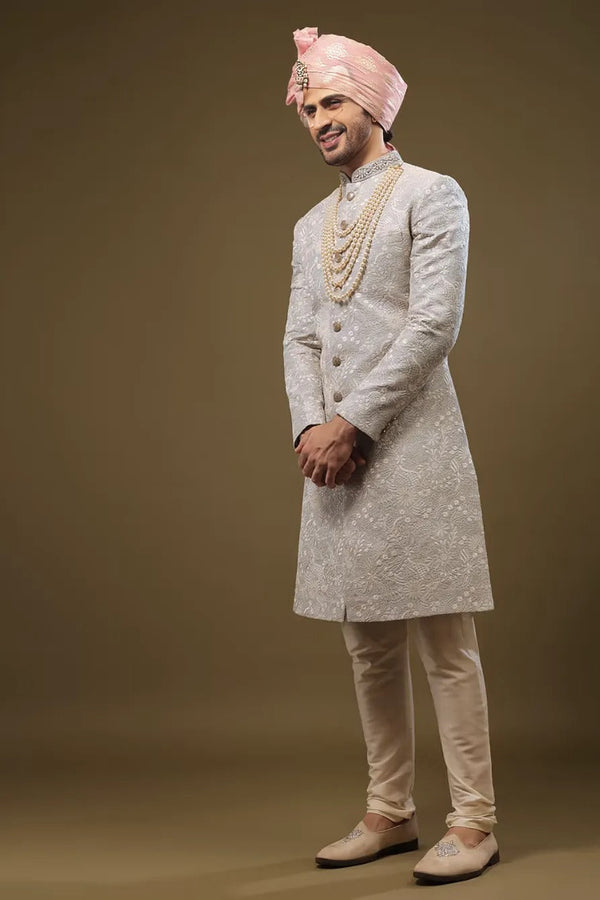 Baby Blue Silk Sherwani with Zari and Sequin Embroidery (Outside Ontario)