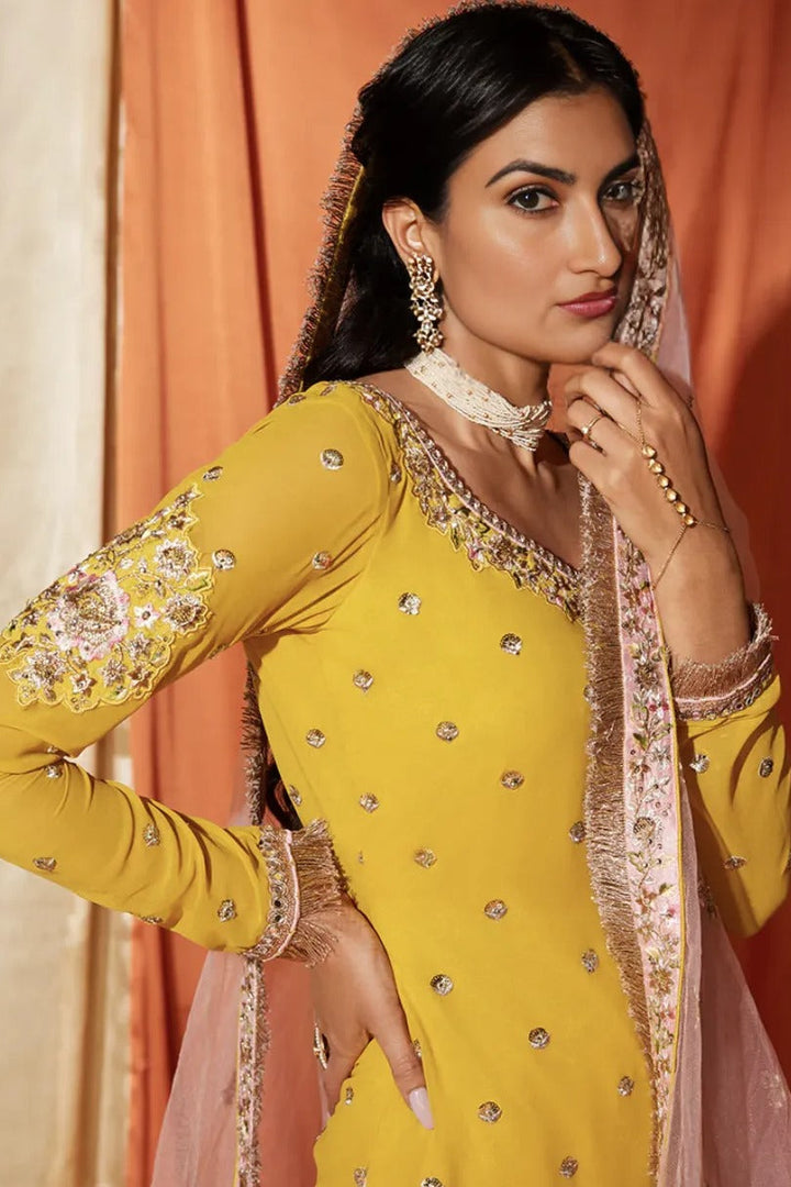 Mustard & Blush Pink Georgette Gharara Suit (Outside Ontario)