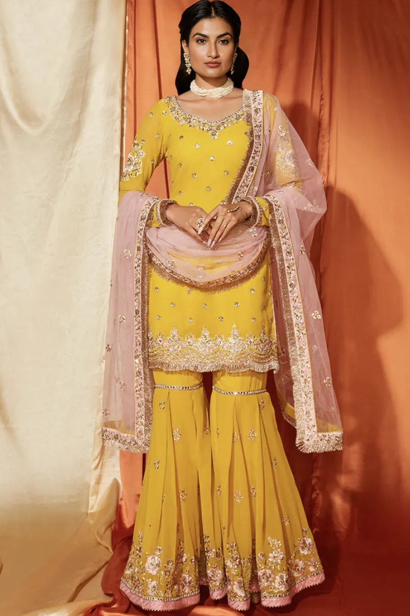 Mustard & Blush Pink Georgette Gharara Suit (Outside Ontario)