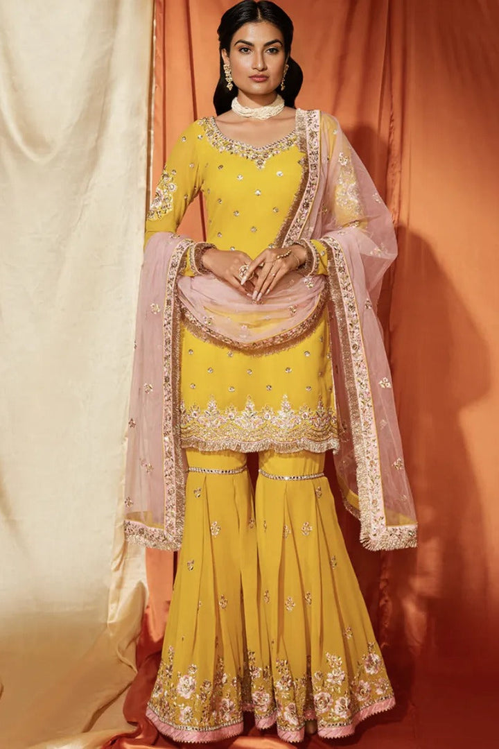 Mustard & Blush Pink Georgette Gharara Suit (Outside Ontario)