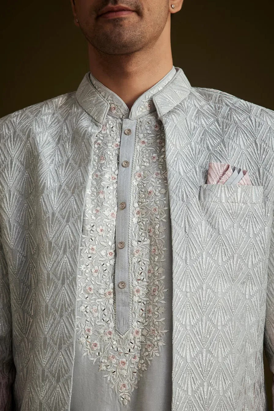 Pink and Grey Ombre Textured Sherwani Set