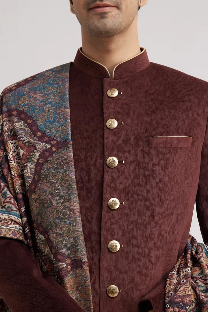 Wine Velvet Nawabi Set with Pashmina Dupatta