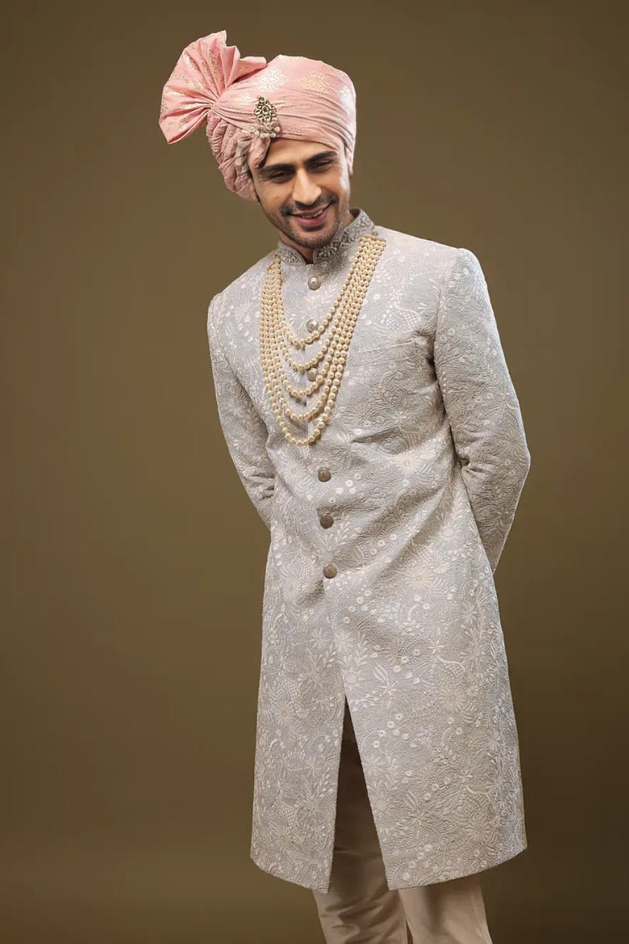 Baby Blue Silk Sherwani with Zari and Sequin Embroidery