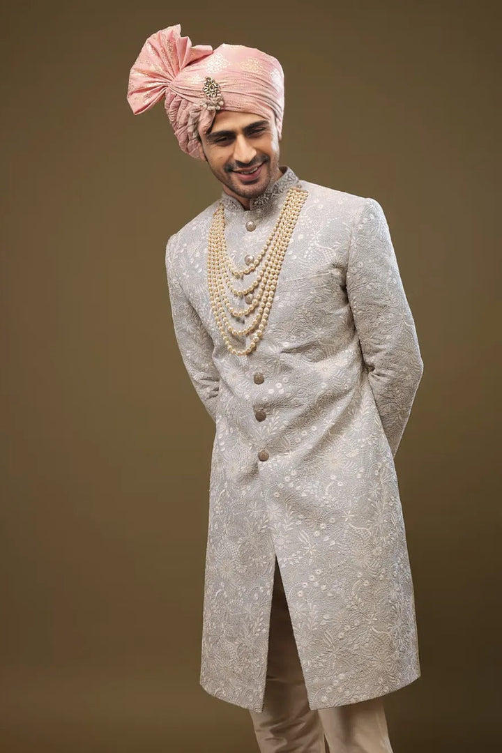 Baby Blue Silk Sherwani with Zari and Sequin Embroidery