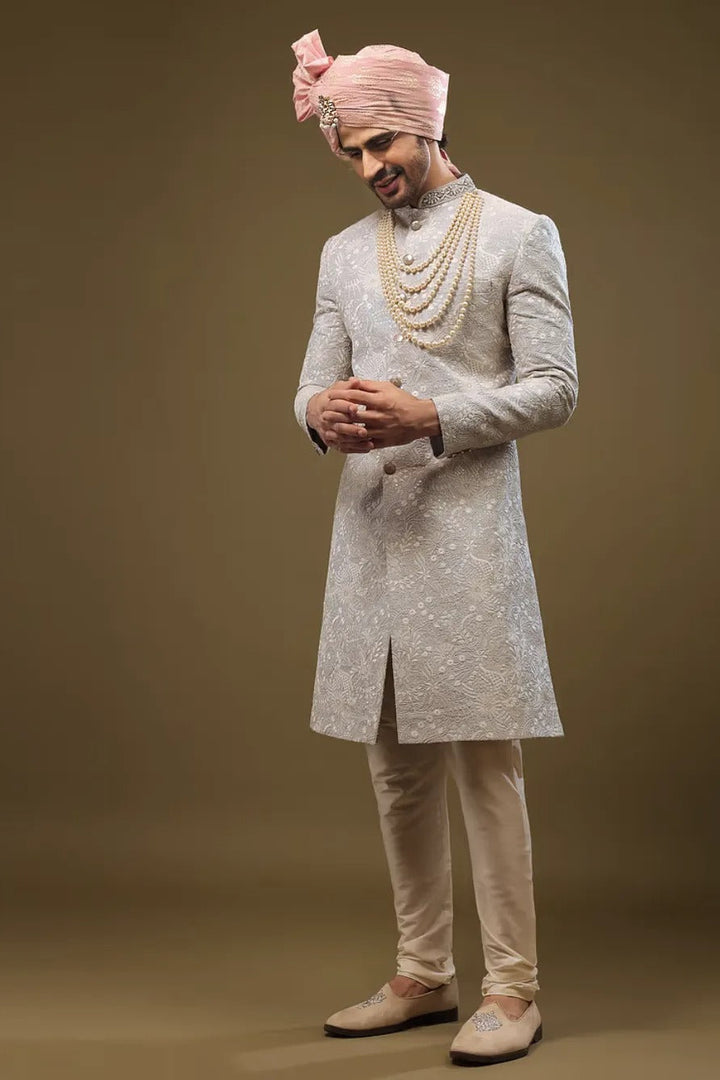 Baby Blue Silk Sherwani with Zari and Sequin Embroidery