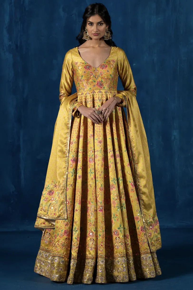 Sunlit Yellow Embroidered Crepe Silk Anarkali (Outside Ontario)