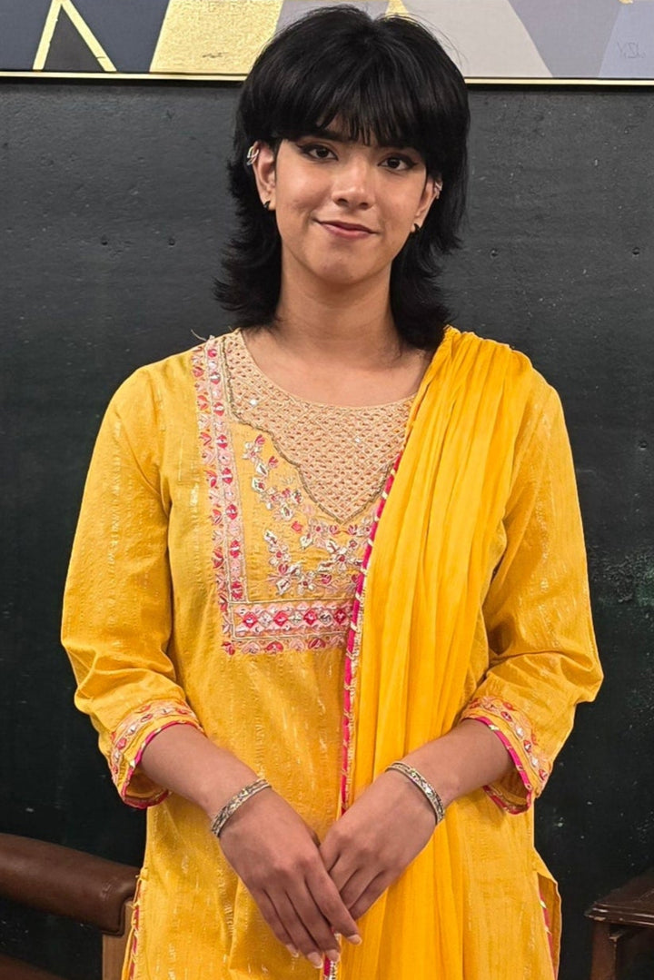 Yellow linen pink embroidery Salwar Kameez (Outside Ontario)