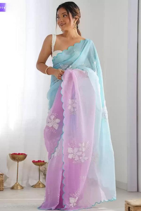 Embellished Sequined blue and pink Saree