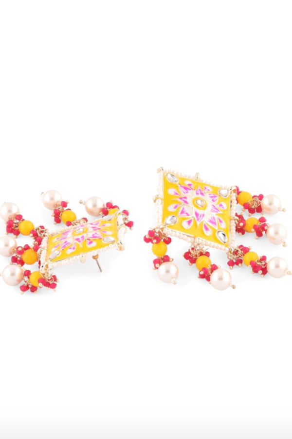 Yellow & Pink Stone-Beaded Meenakari Choker Necklace Jewellery Set