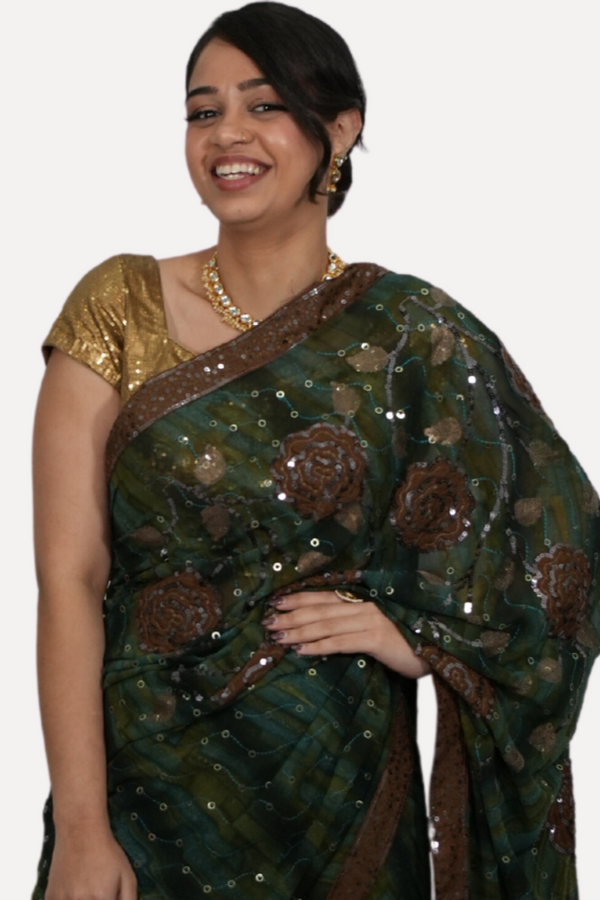 Dark green sequins Saree