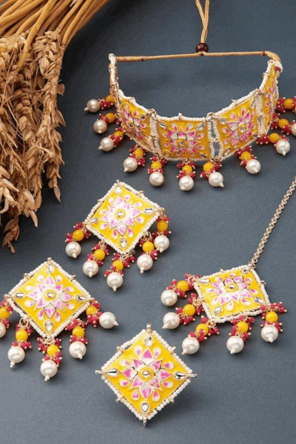 Yellow & Pink Stone-Beaded Meenakari Choker Necklace Jewellery Set (Outside Ontario) - myethnicrentals