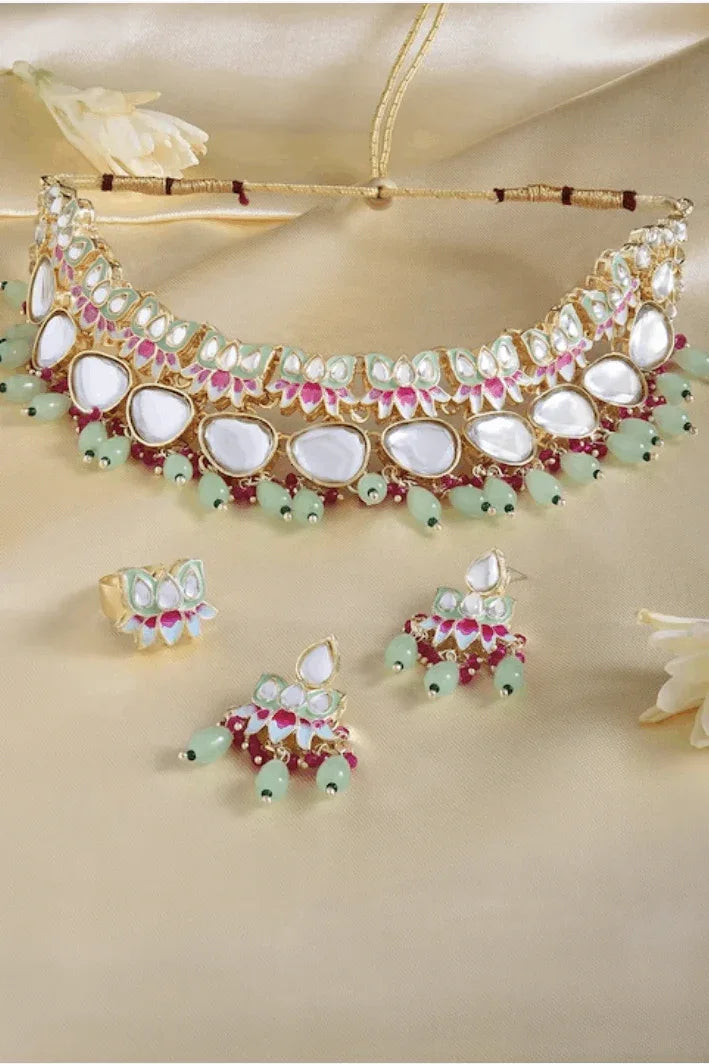Light Green Kundan-Studded & Pearl Beaded Jewellery Set (Outside Ontario) - myethnicrentals