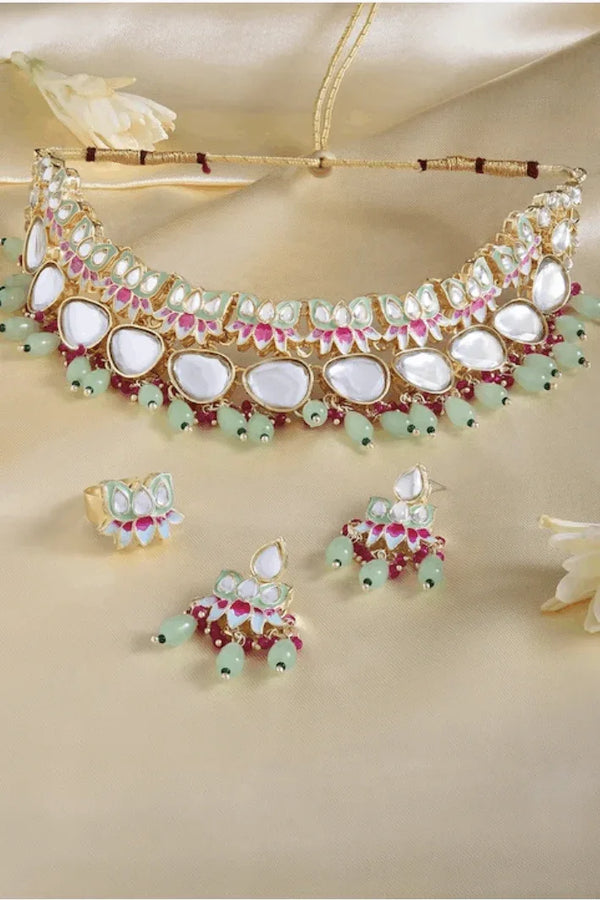 Light Green Kundan-Studded & Pearl Beaded Jewellery Set (Outside Ontario) - myethnicrentals