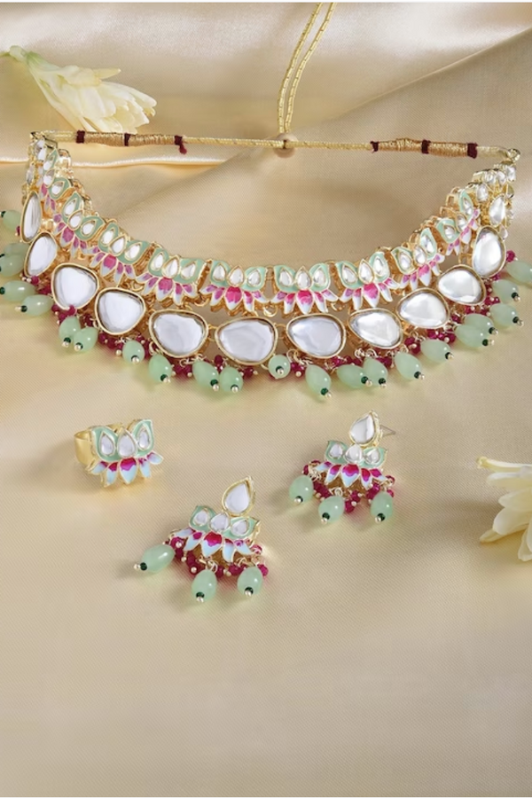 Light Green Kundan-Studded & Pearl Beaded Jewellery Set