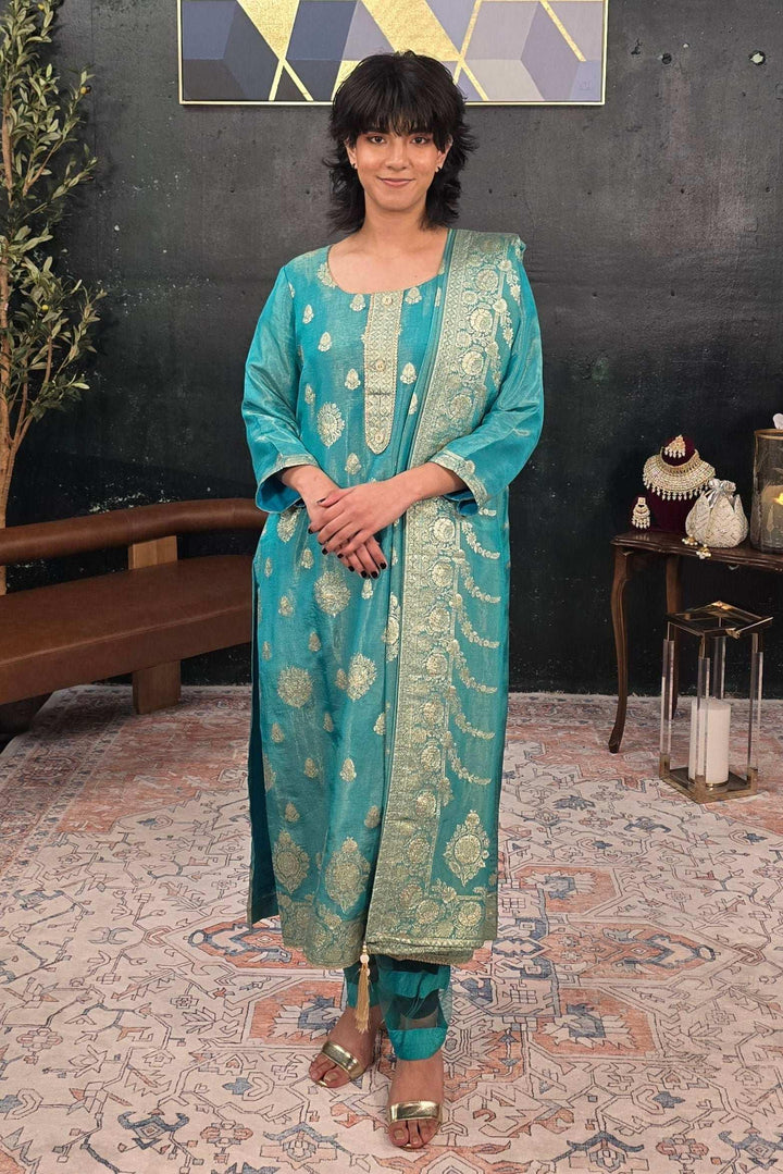Turquoise Green Chanderi Silk Salwar Kameez (Outside Ontario) - myethnicrentals