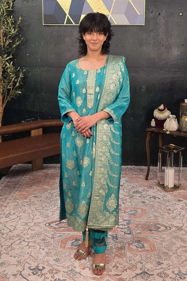 Turquoise Green Chanderi Silk Salwar Kameez (Outside Ontario) - myethnicrentals