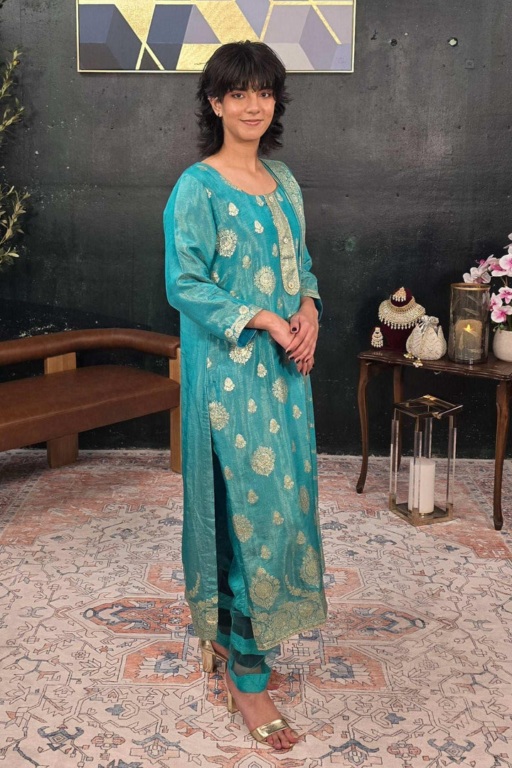 Turquoise Green Chanderi Silk Salwar Kameez (Outside Ontario) - myethnicrentals
