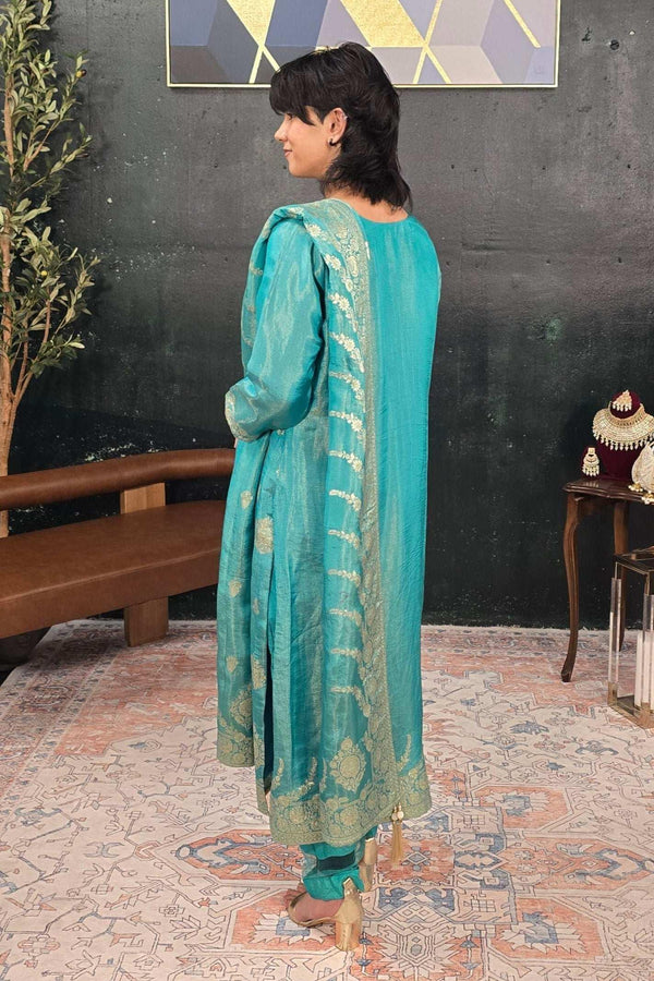Turquoise Green Chanderi Silk Salwar Kameez (Outside Ontario) - myethnicrentals