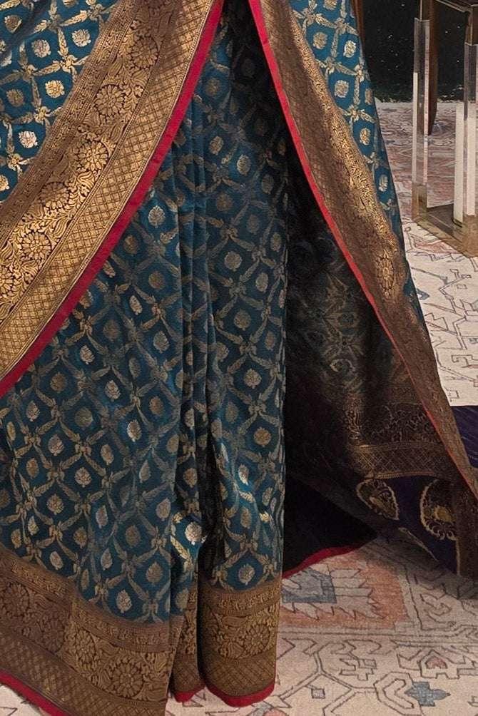 Blue Hand Woven Banarasi saree (Outside Ontario) - myethnicrentals