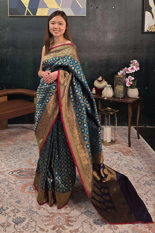 Blue Hand Woven Banarasi saree (Outside Ontario) - myethnicrentals
