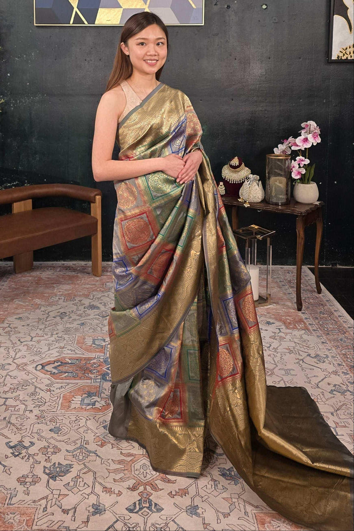 Grey Banarasi Saree (Outside Ontario) - myethnicrentals