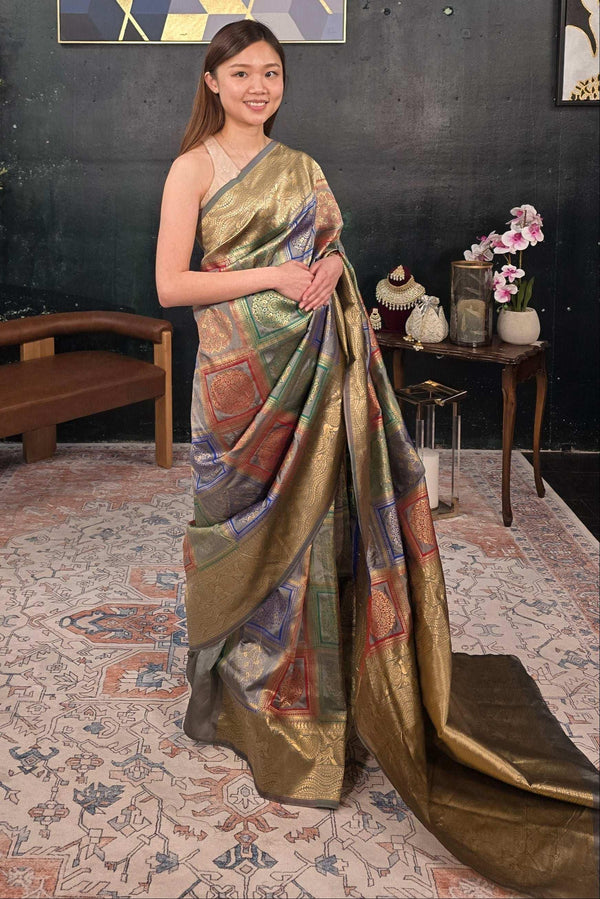 Grey Banarasi Saree (Outside Ontario) - myethnicrentals