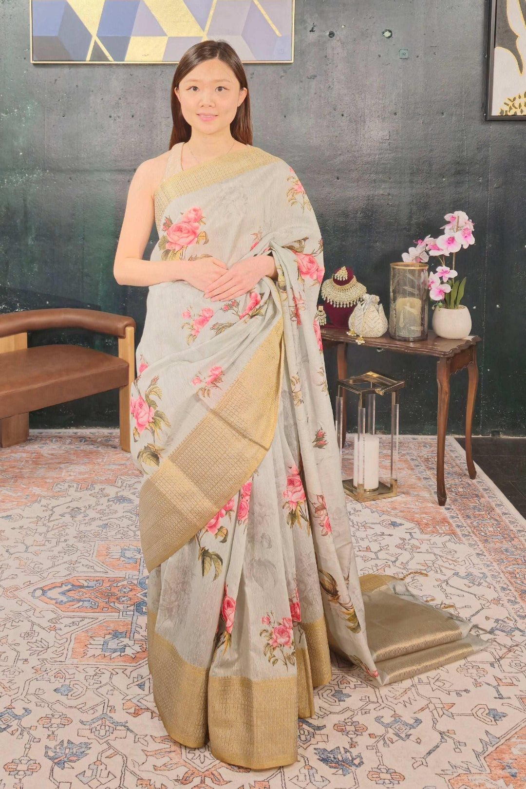 Mint Green Floral Handloom Saree (Outside Ontario) - myethnicrentals