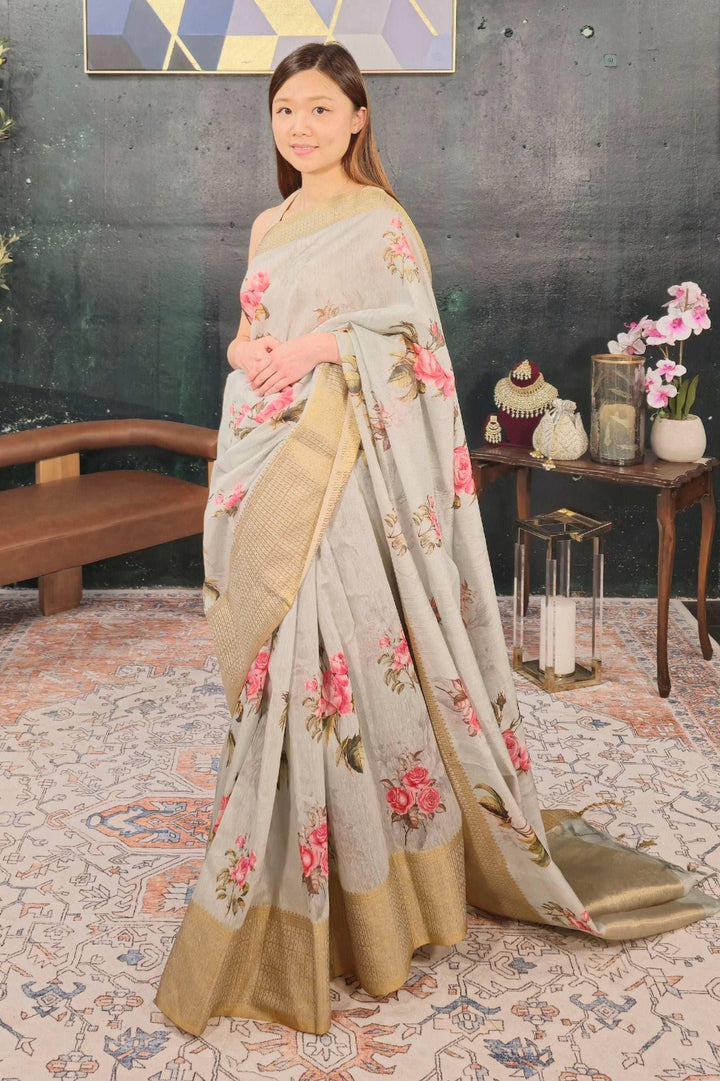 Mint Green Floral Handloom Saree (Outside Ontario) - myethnicrentals