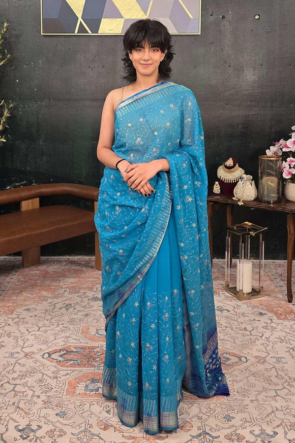 Pure Georgette hand embroidered Blue Saree (Outside Ontario) - myethnicrentals