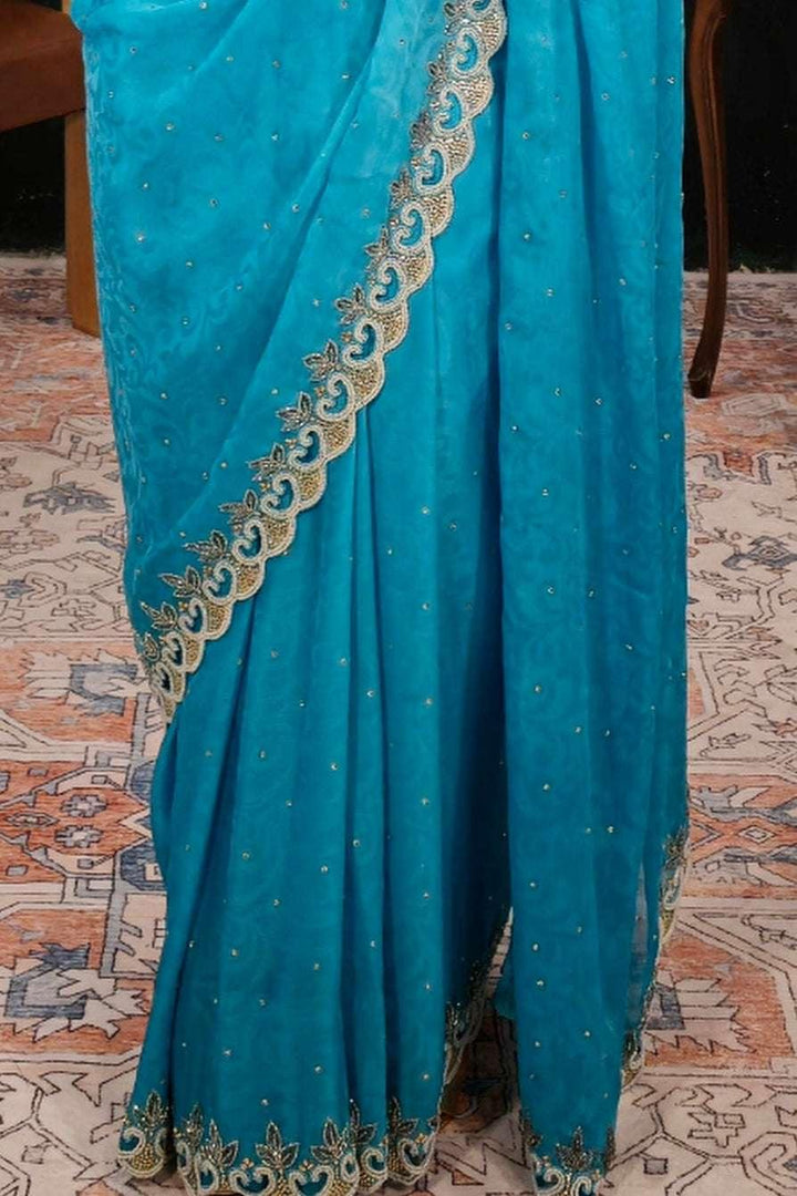 Light Blue Pearl-Sequins Embroidery Saree (Outside Ontario) - myethnicrentals