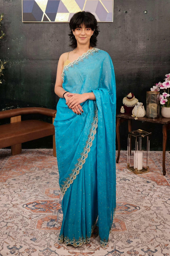 Light Blue Pearl-Sequins Embroidery Saree (Outside Ontario) - myethnicrentals