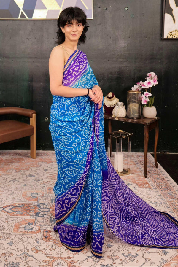 Block Print Blue and Purple Bandhani Saree (Outside Ontario) - myethnicrentals