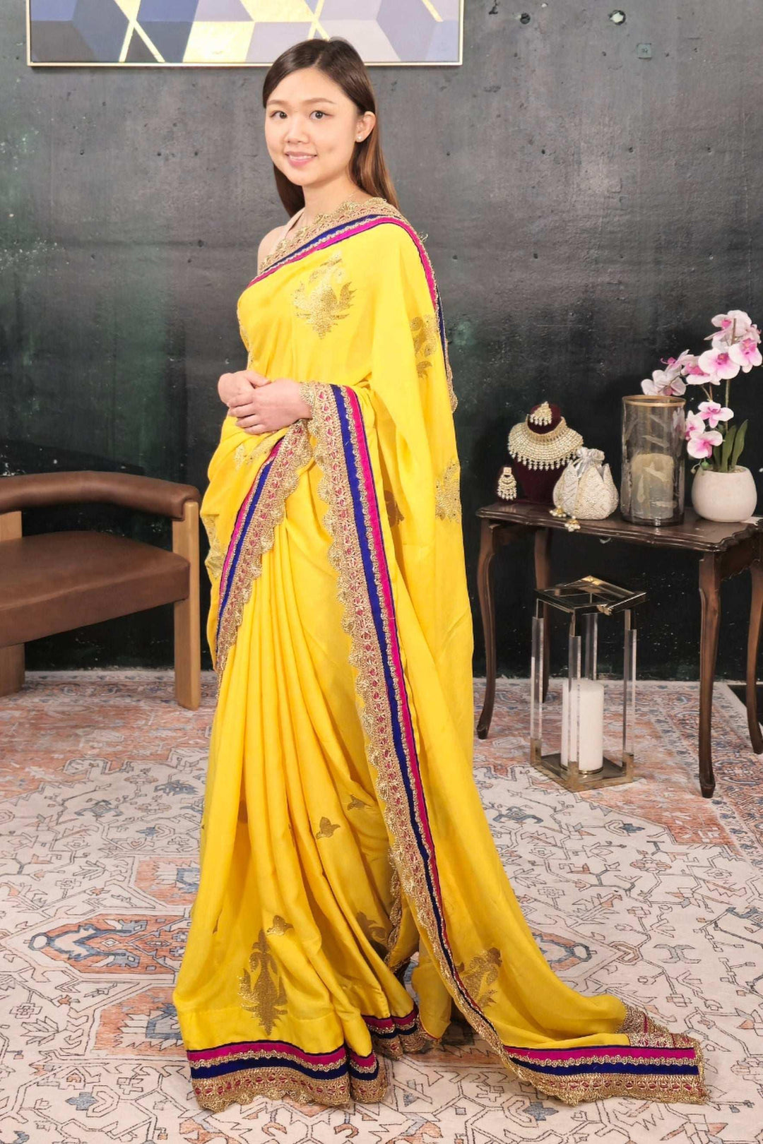 Yellow Georgette Embroidered Saree (Outside Ontario) - myethnicrentals