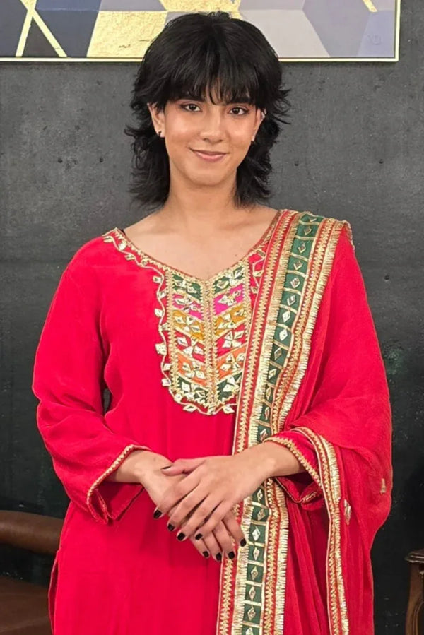 Red embroidered Salwar Kameez - myethnicrentals