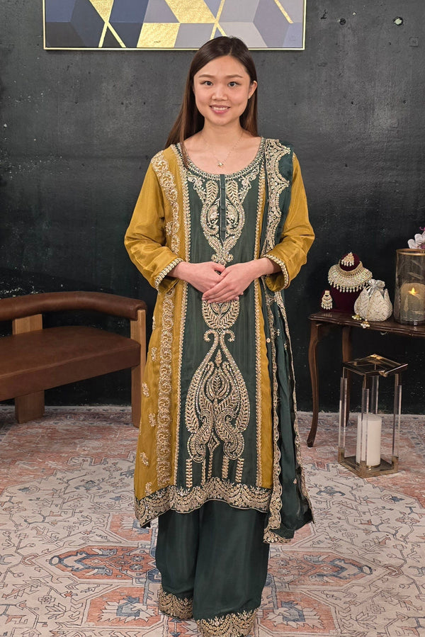 Dark green embroidered Salwar Kameez