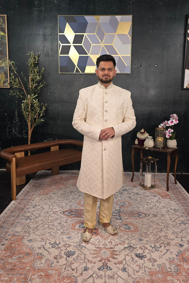 Beige Floral Embroidered Sherwani