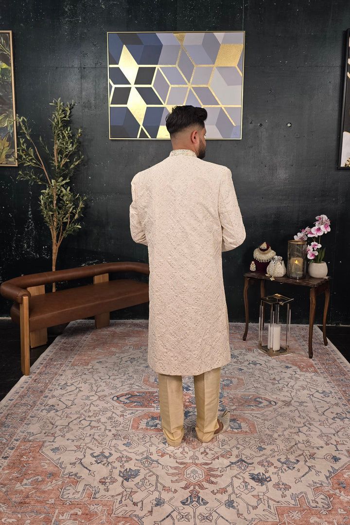 Beige Floral Embroidered Sherwani