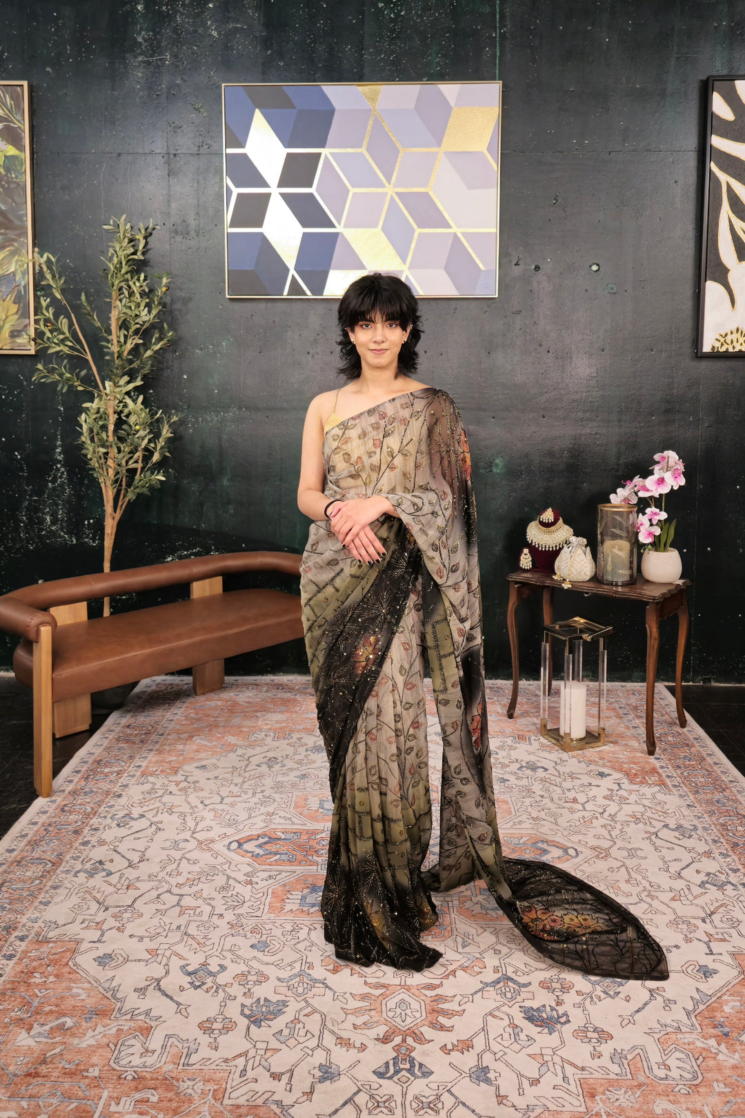 Dark Black & Gray Sequins Saree