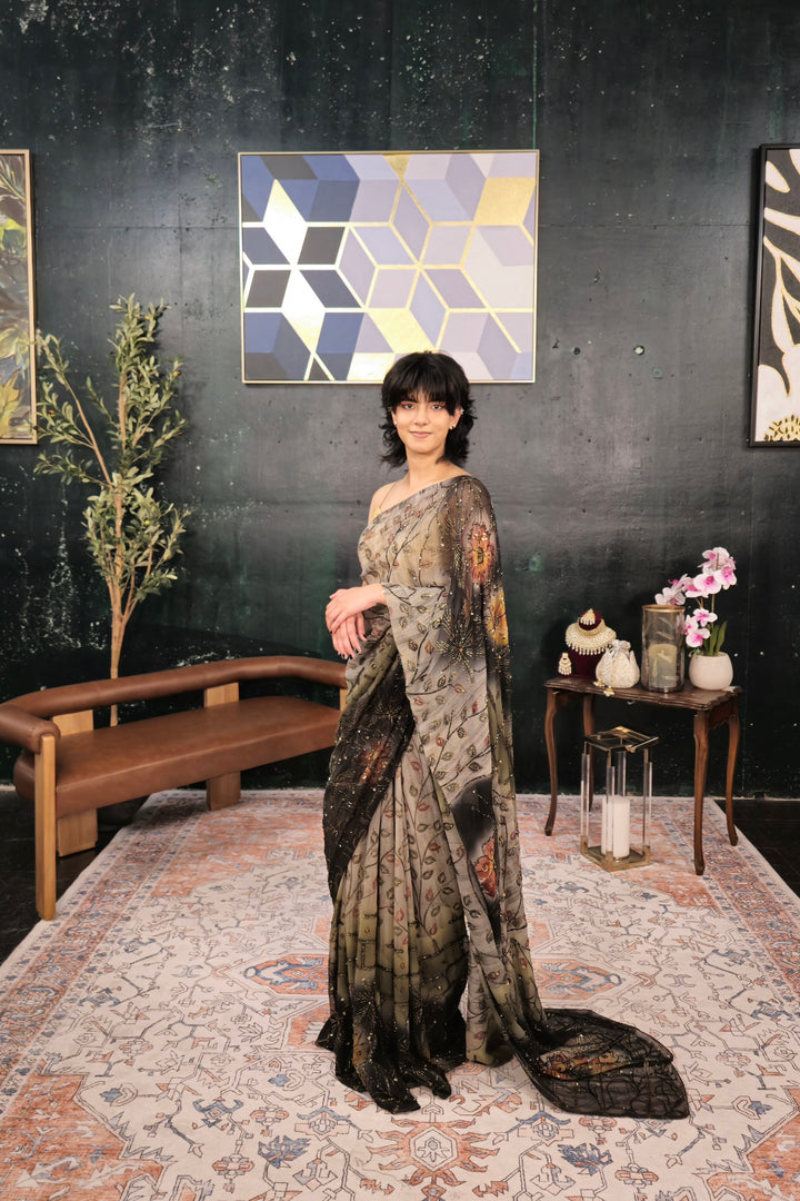 Dark Black & Gray Sequins Saree