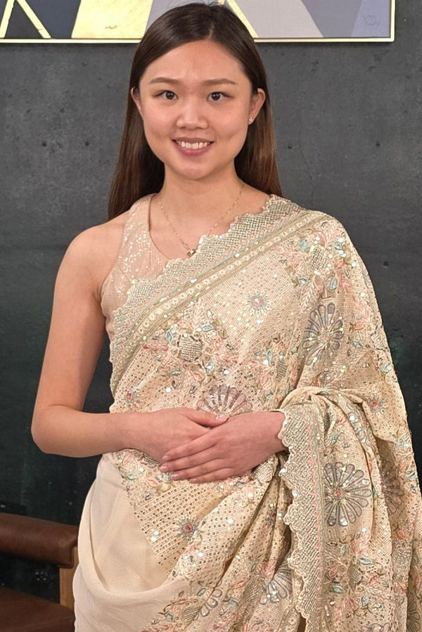 Cream Heavy sequins Embroidery Saree