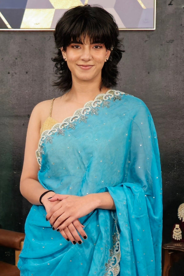 Light Blue Pearl-Sequins Embroidery Saree