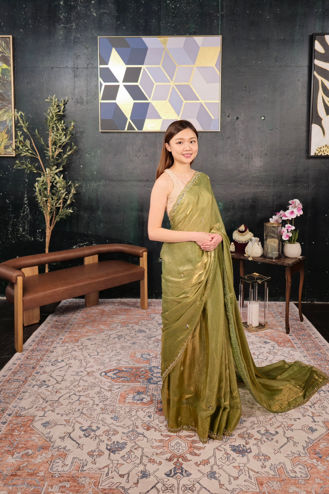 Sage crystal Green Saree