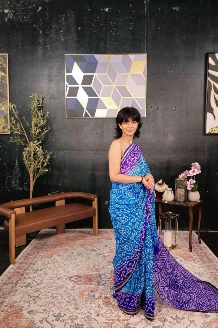 Block Print Blue and Purple Bandhani Saree