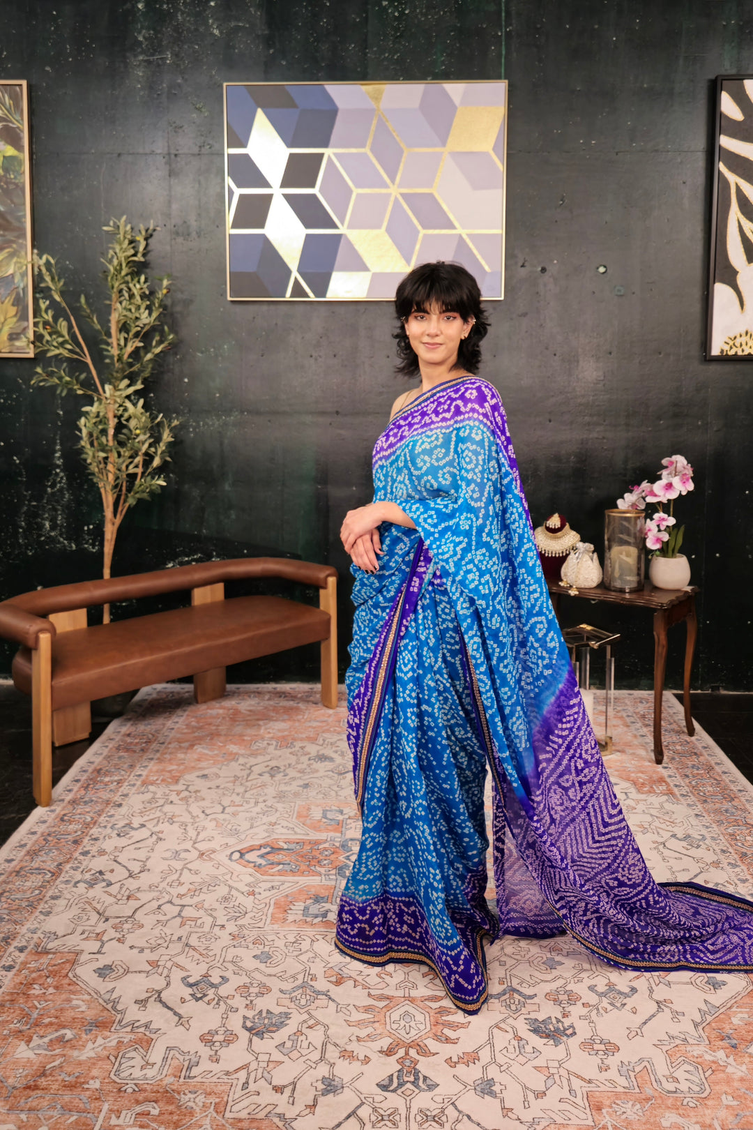 Block Print Blue and Purple Bandhani Saree