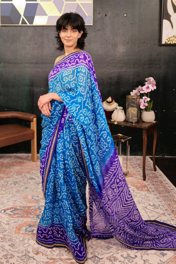 Block Print Blue and Purple Bandhani Saree