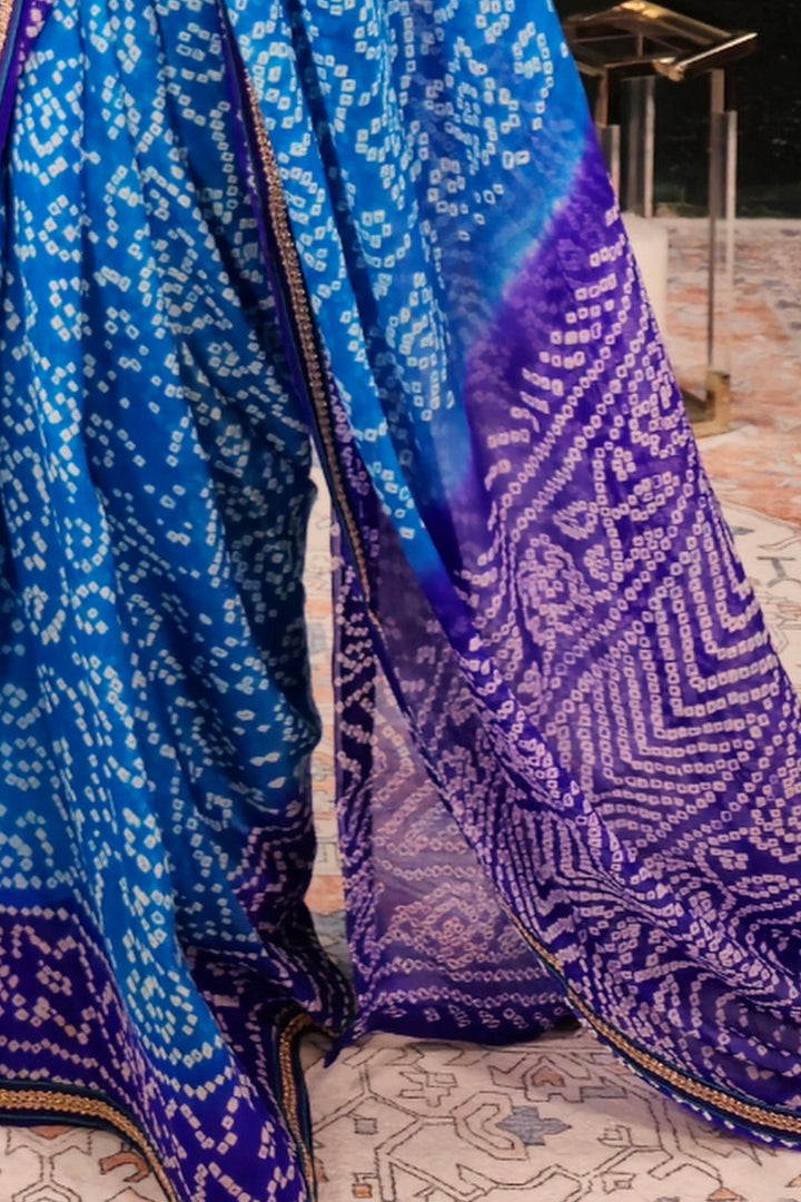 Block Print Blue and Purple Bandhani Saree