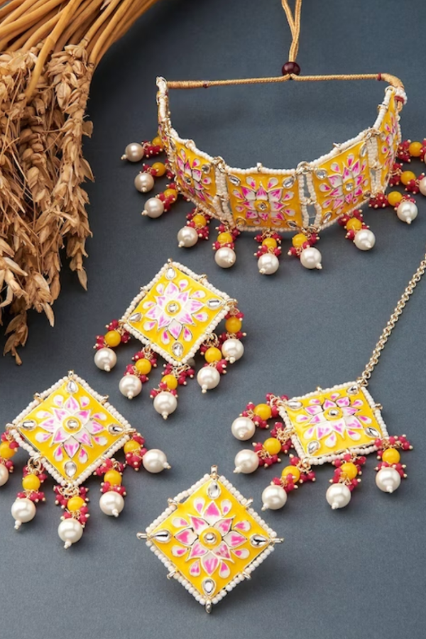 Yellow & Pink Stone-Beaded Meenakari Choker Necklace Jewellery Set