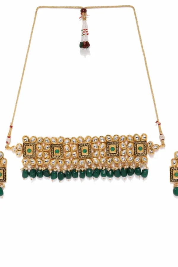 Kundan & Green Beads Studded Jewellery Set (Outside Ontario) - myethnicrentals